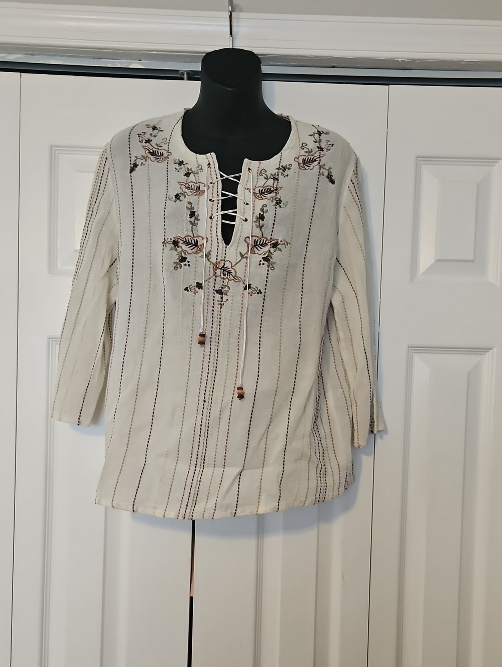 White Stag Lace-Up Embroidered Cream Top